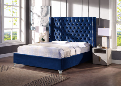 Velvet Upholstered Bed with Deep Button Tufting, Blue