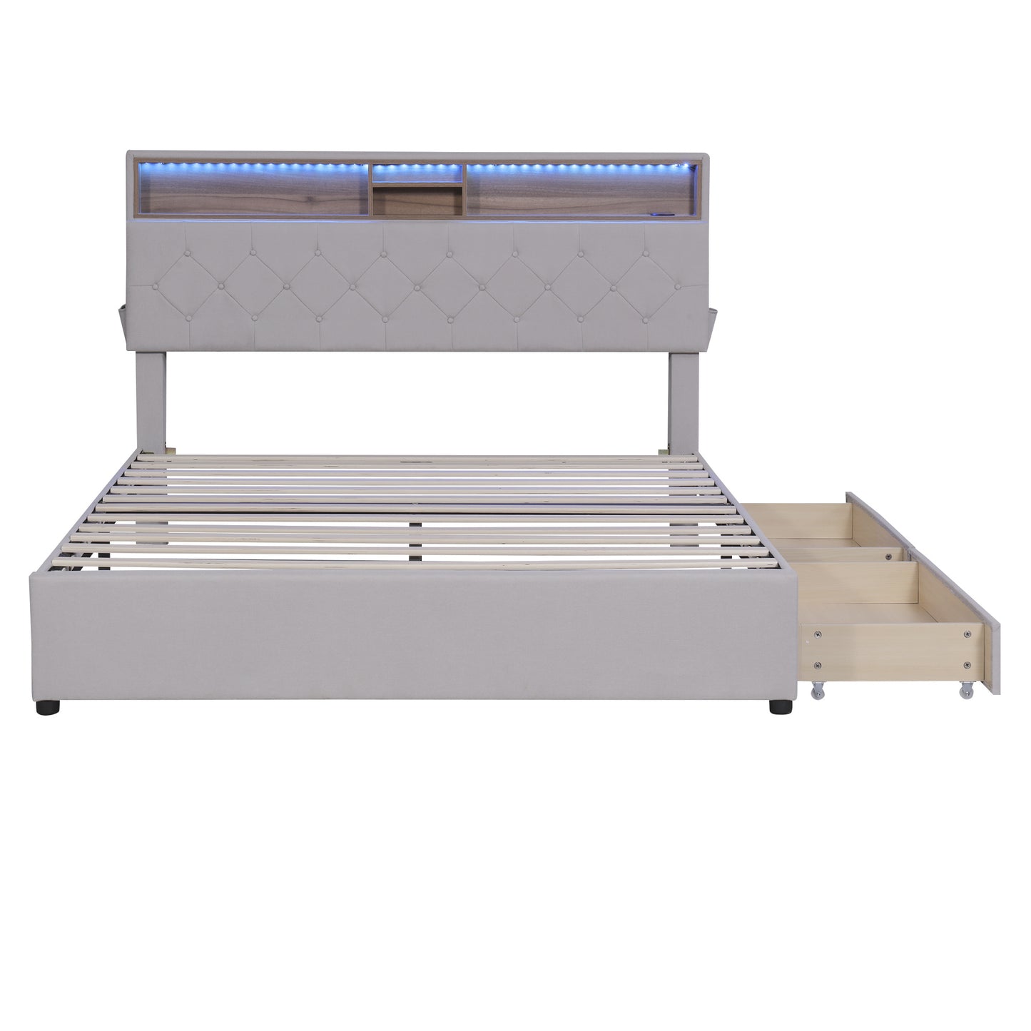queen size upholstered platform bed with storage headboard, led, usb charging and 2 drawers, beige