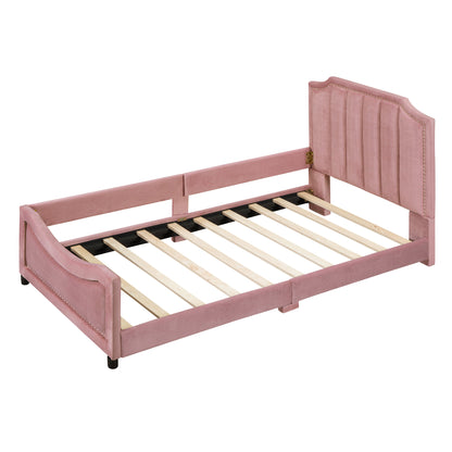 Twin Size Upholstered Daybed with Classic Stripe Shaped Headboard, Pink