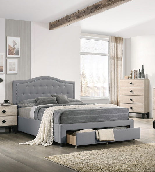 Burlap with Drawer Button Tufted Arch Design Headboard +Storage, Light Grey