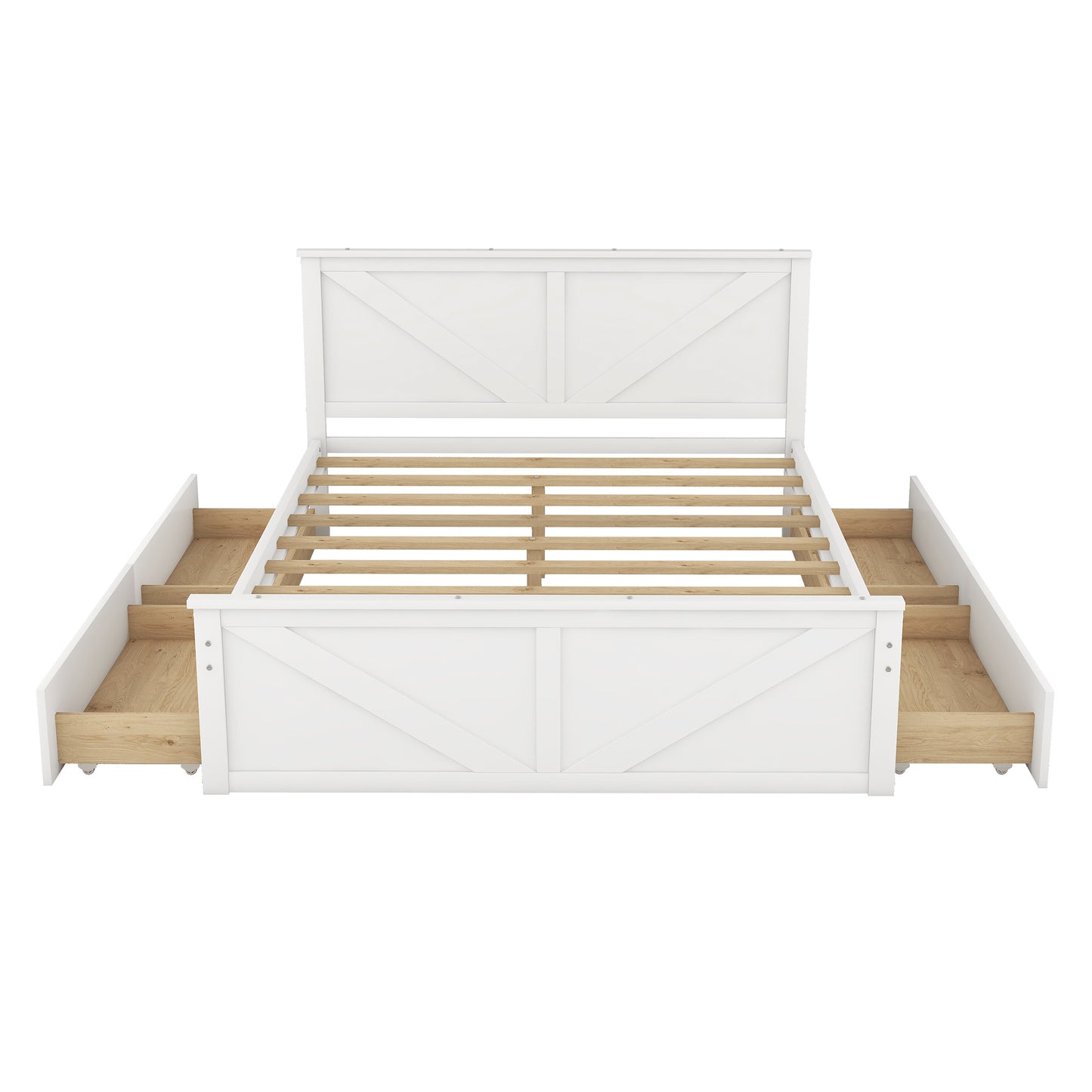 country wooden platform bed with four storage drawers