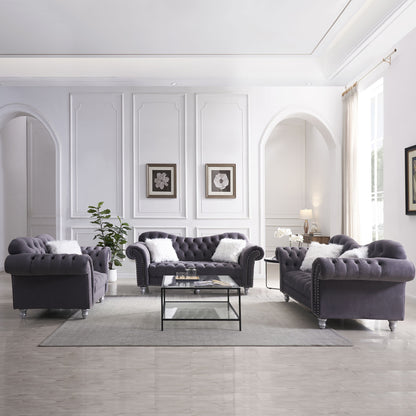3 Piece Living Room Sofa Set with 5 White Villose Pillow, Grey