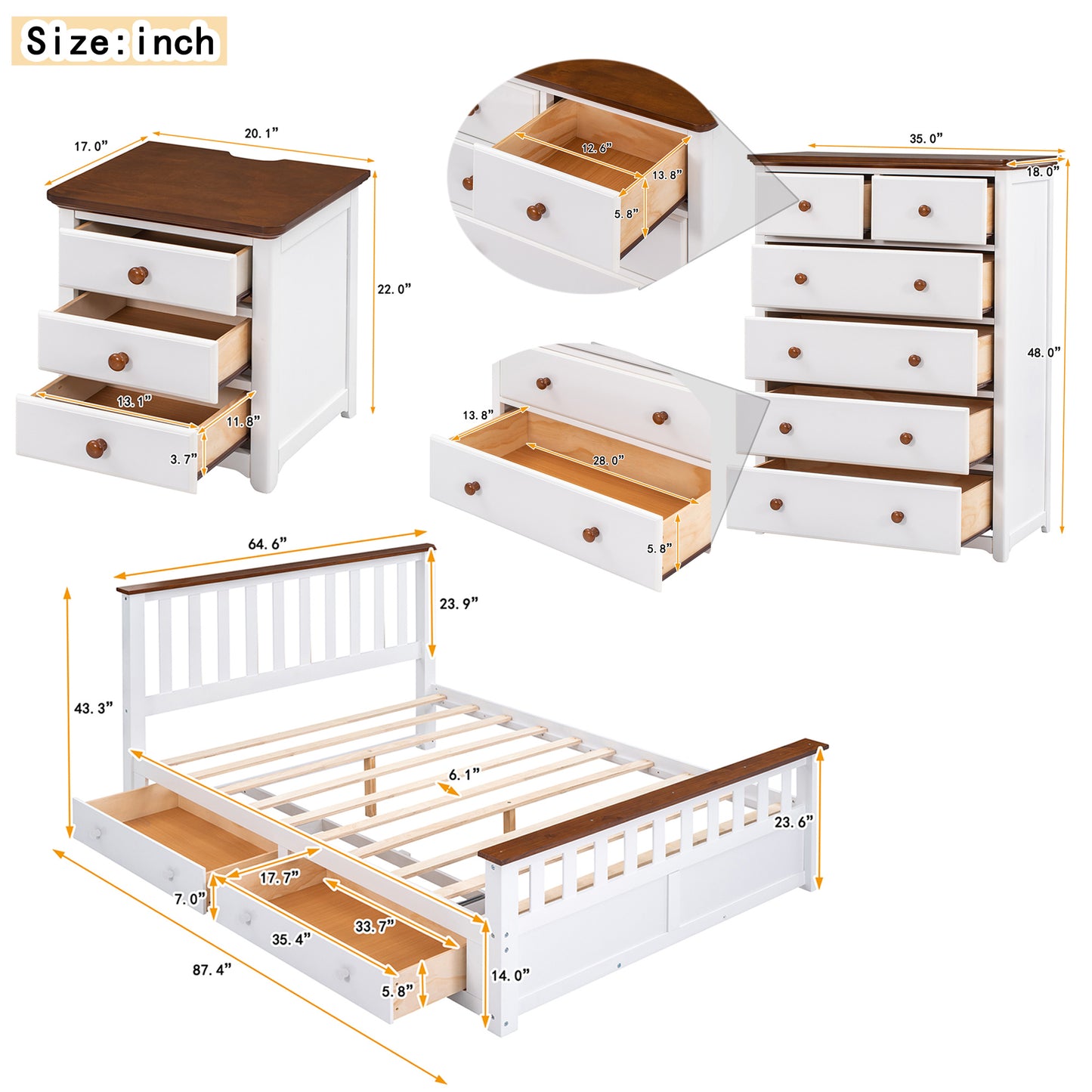 3-pieces bedroom sets  with nightstand(usb charging ports) and storage chest,white+walnut