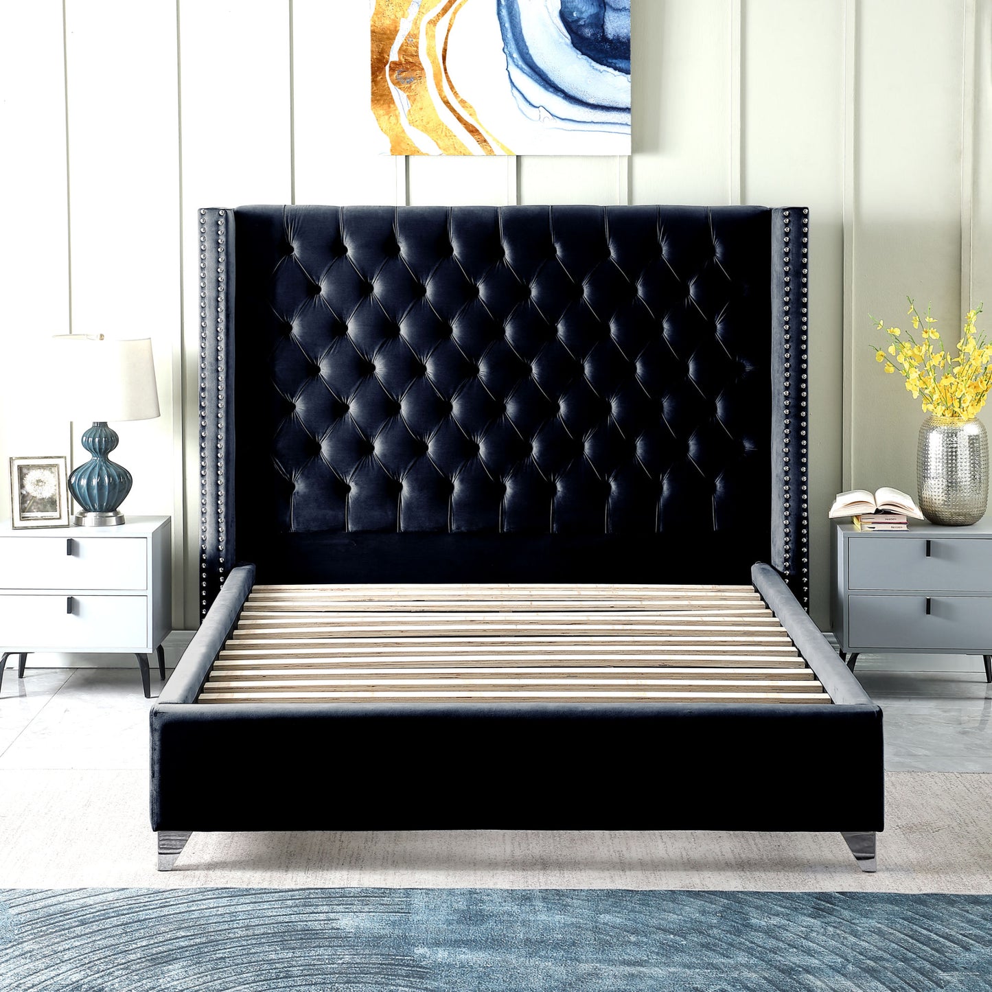 velvet upholstered bed with deep button tufting, black