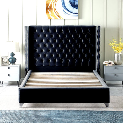 Velvet Upholstered Bed with Deep Button Tufting, Black