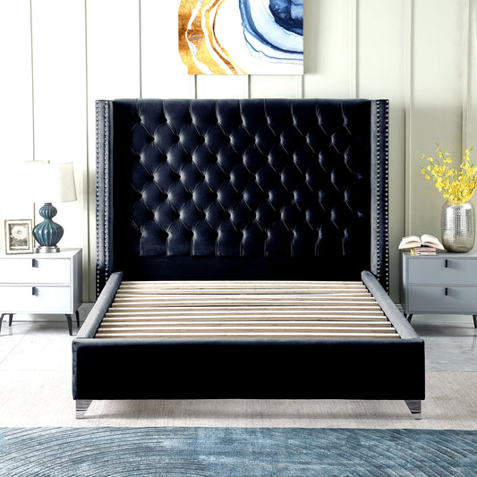 Velvet Upholstered Bed with Deep Button Tufting, Black