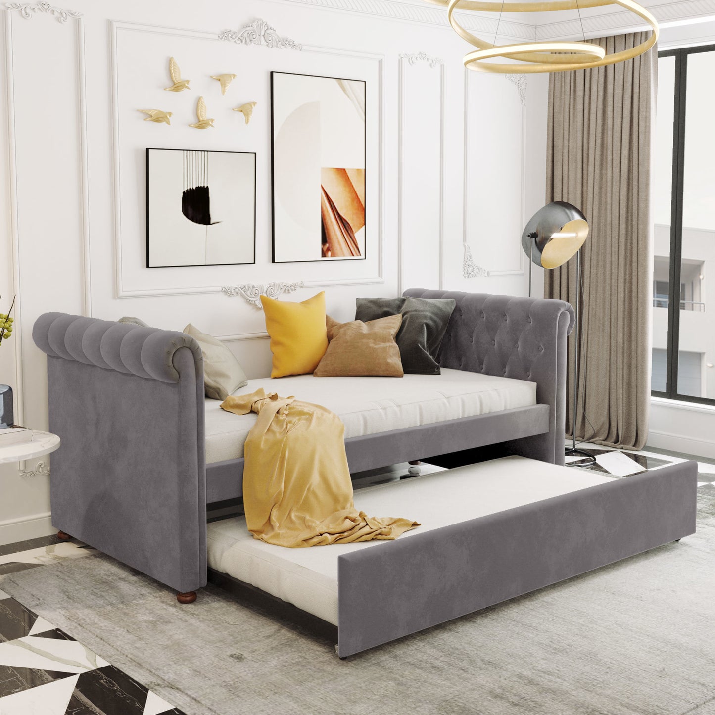 sara upholstered bed with trundle, gray