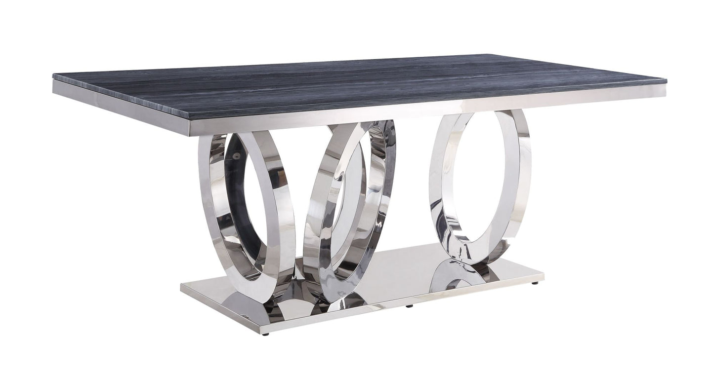 acme nasir dining table, gray printed faux marble & mirrored silver finish
