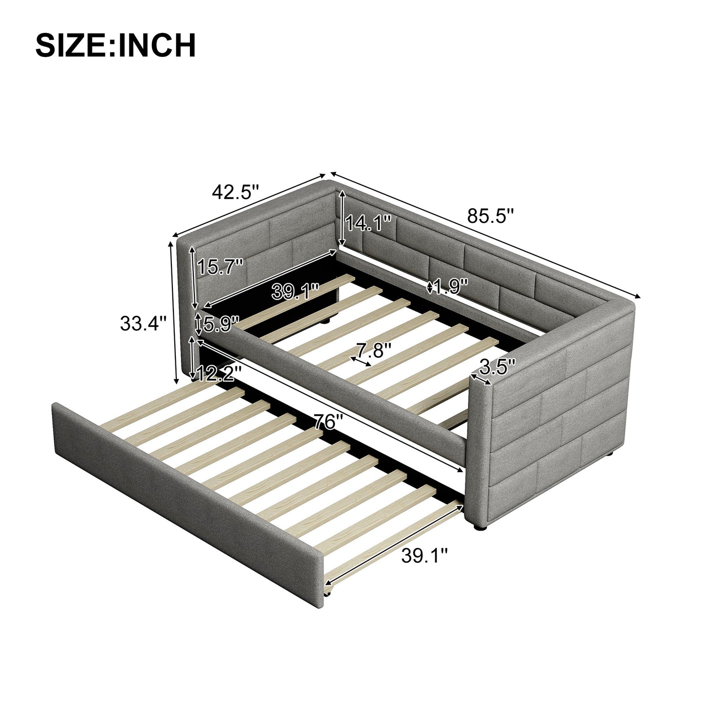 upholstered bed with padded back, gray