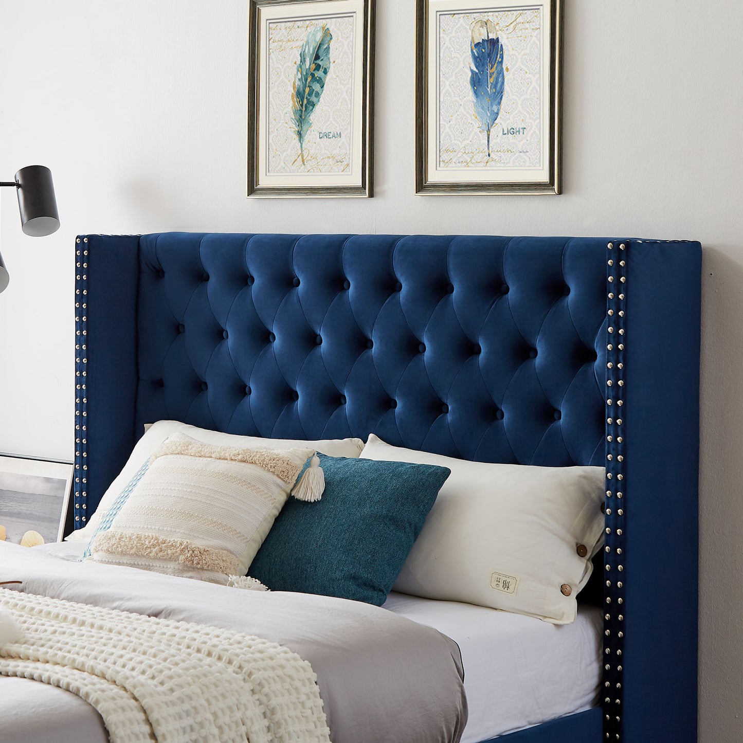mox upholstered queen bed+ metal legs with electroplate