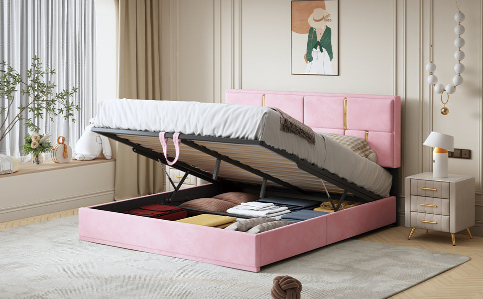 upholstered platform bed with hydraulic storage system, pink