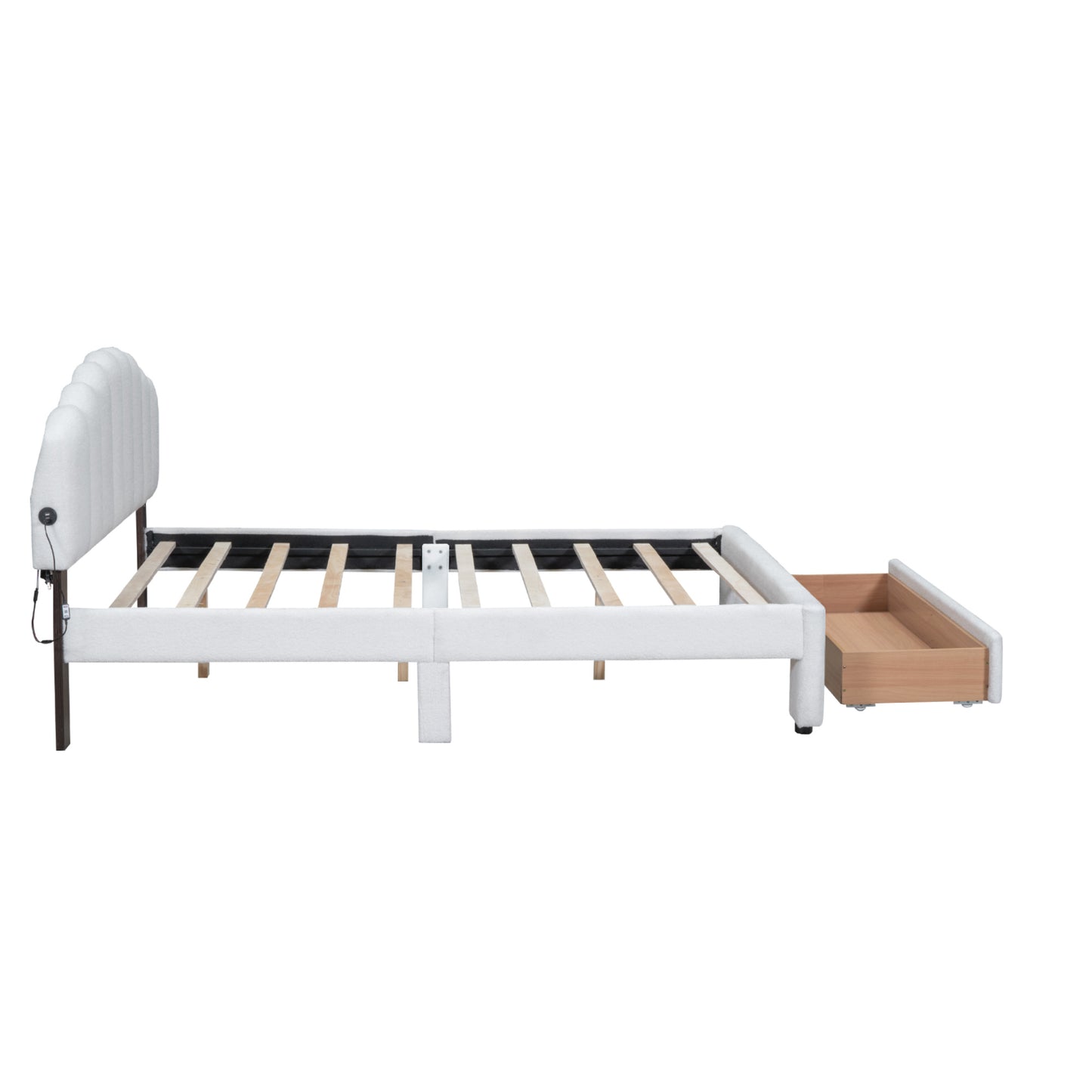 teddy fleece upholstered platform bed with drawer, white