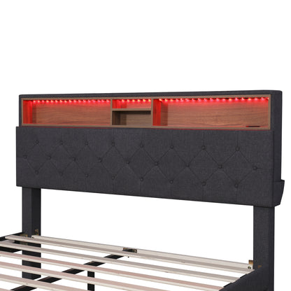 Upholstered Platform Bed with Storage Headboard, LED, USB Charging and 2 Drawers