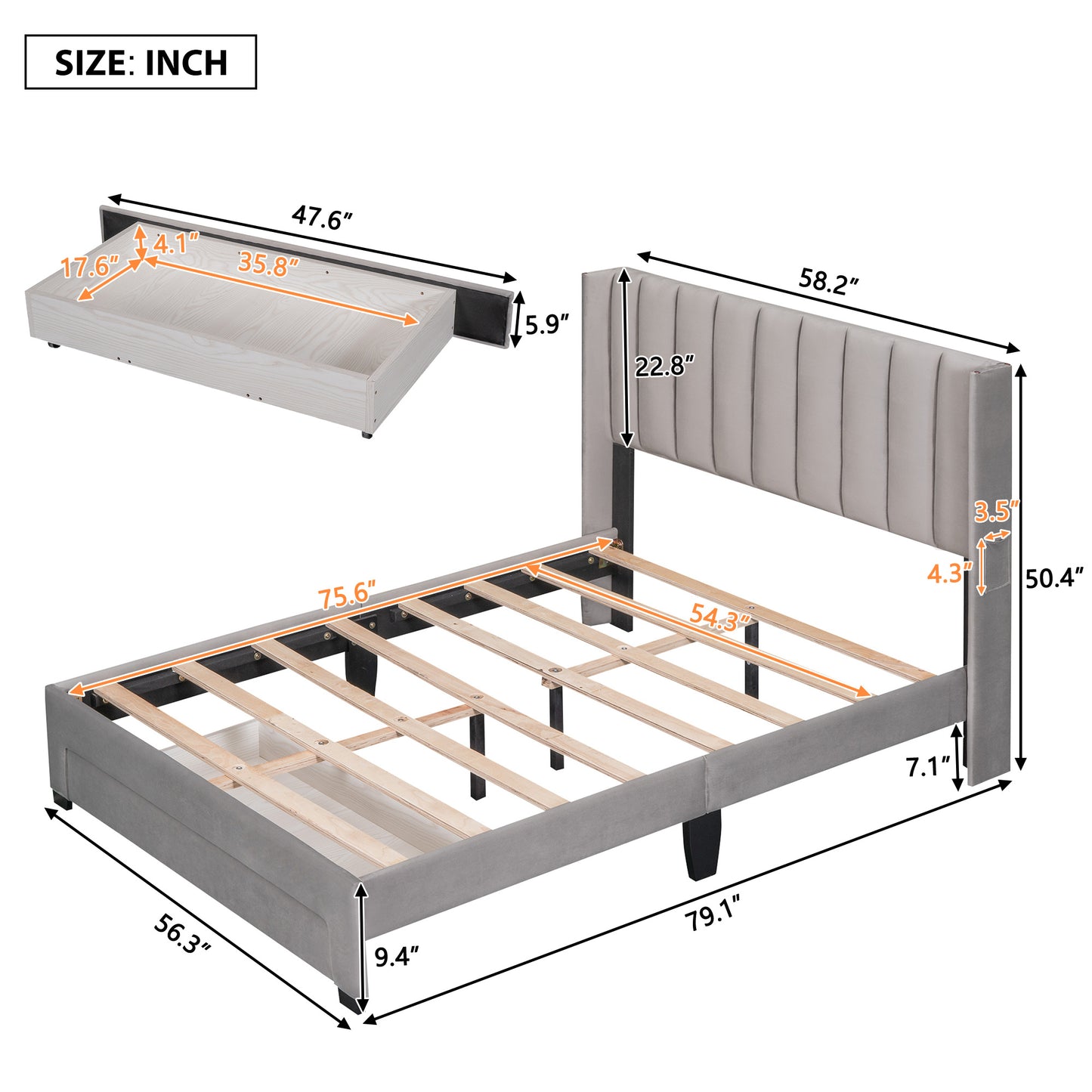 danny velvet upholstered platform bed with a big drawer - gray
