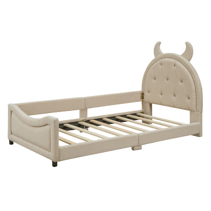 Teddy Fleece Upholstered Daybed with OX Horn Shaped Headboard, Beige