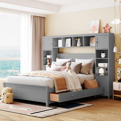Wooden Bed With All-in-One Cabinet and Shelf