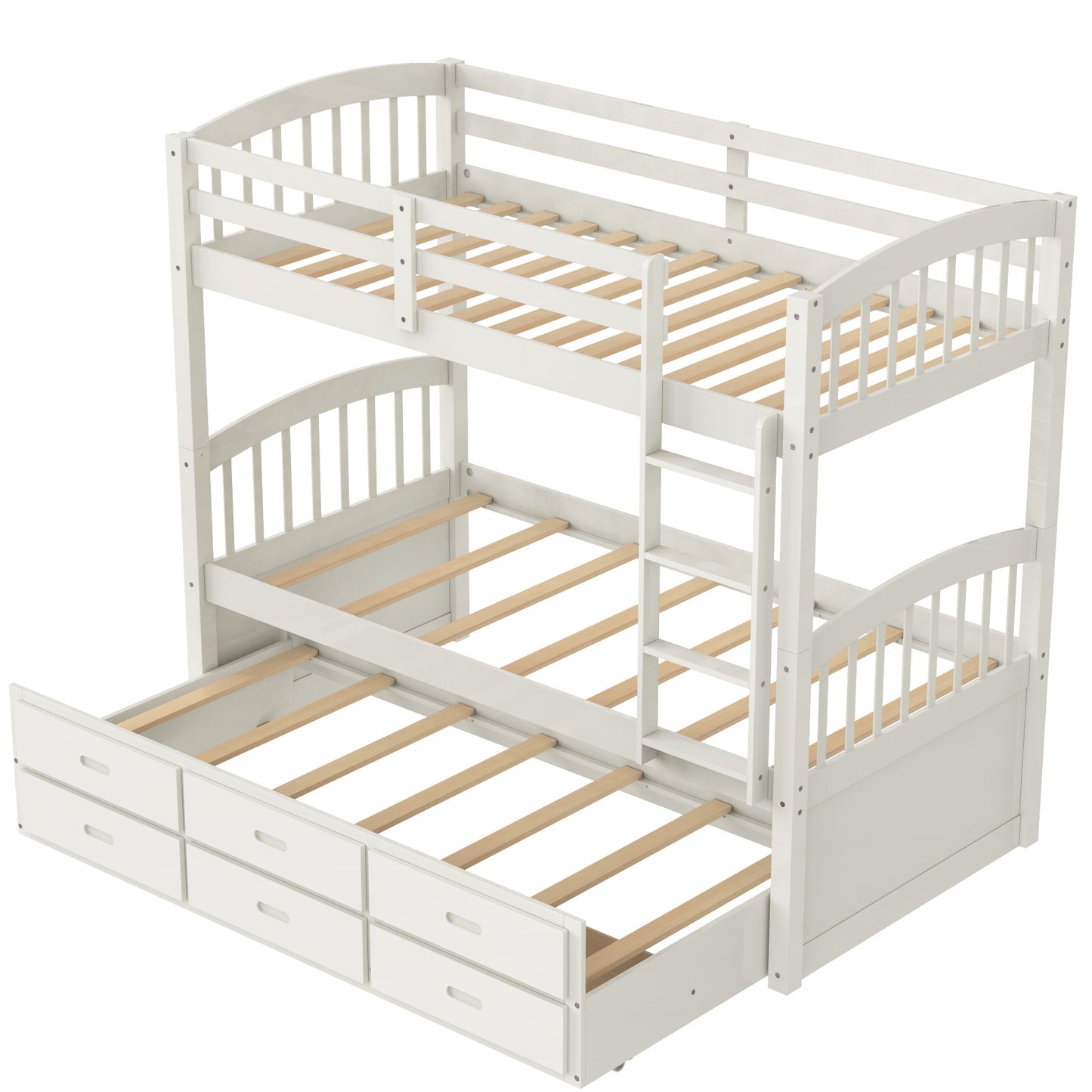 twin over twin wood bunk bed with trundle and drawers,white