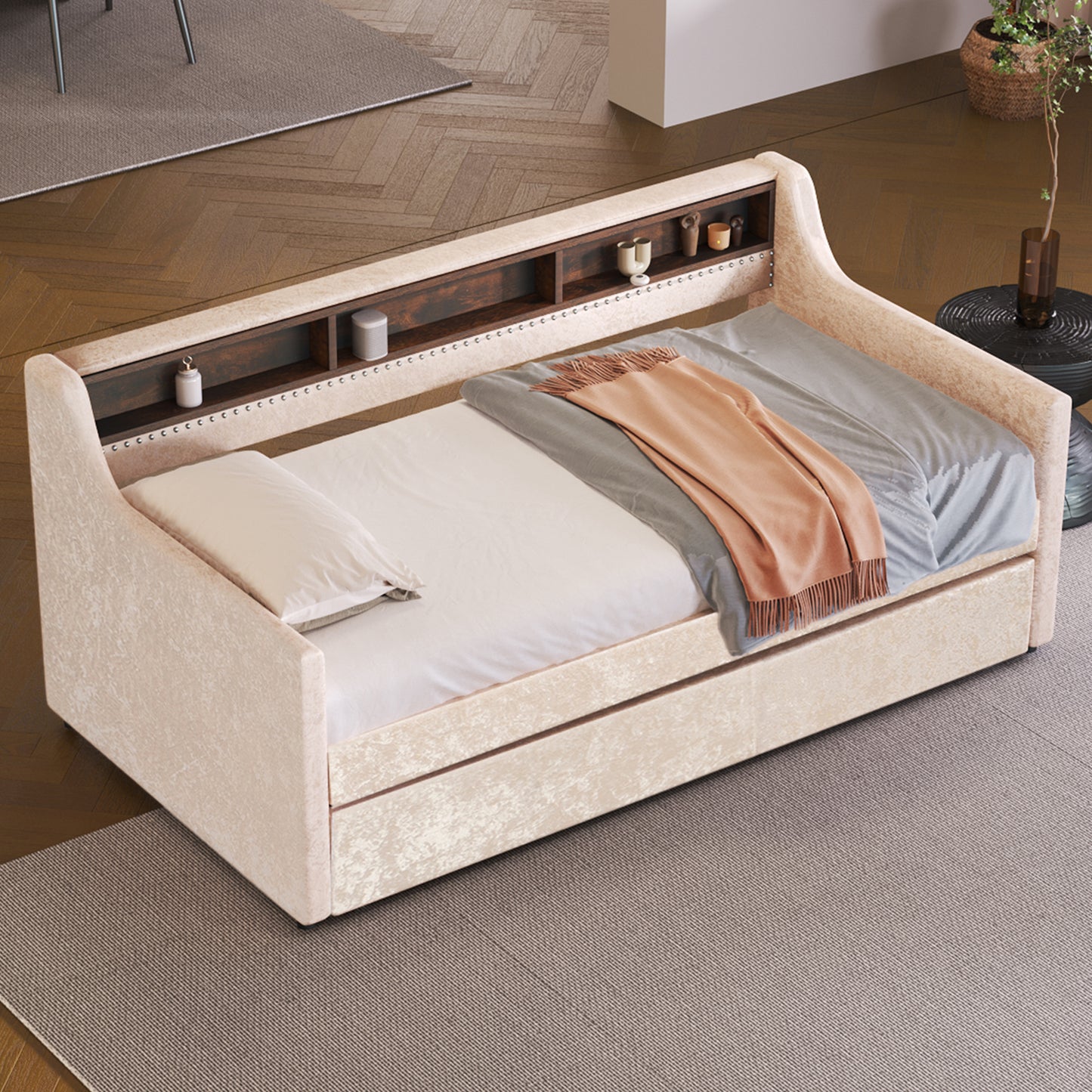 twin size snowflake velvet bed with built-in storage shelves, beige