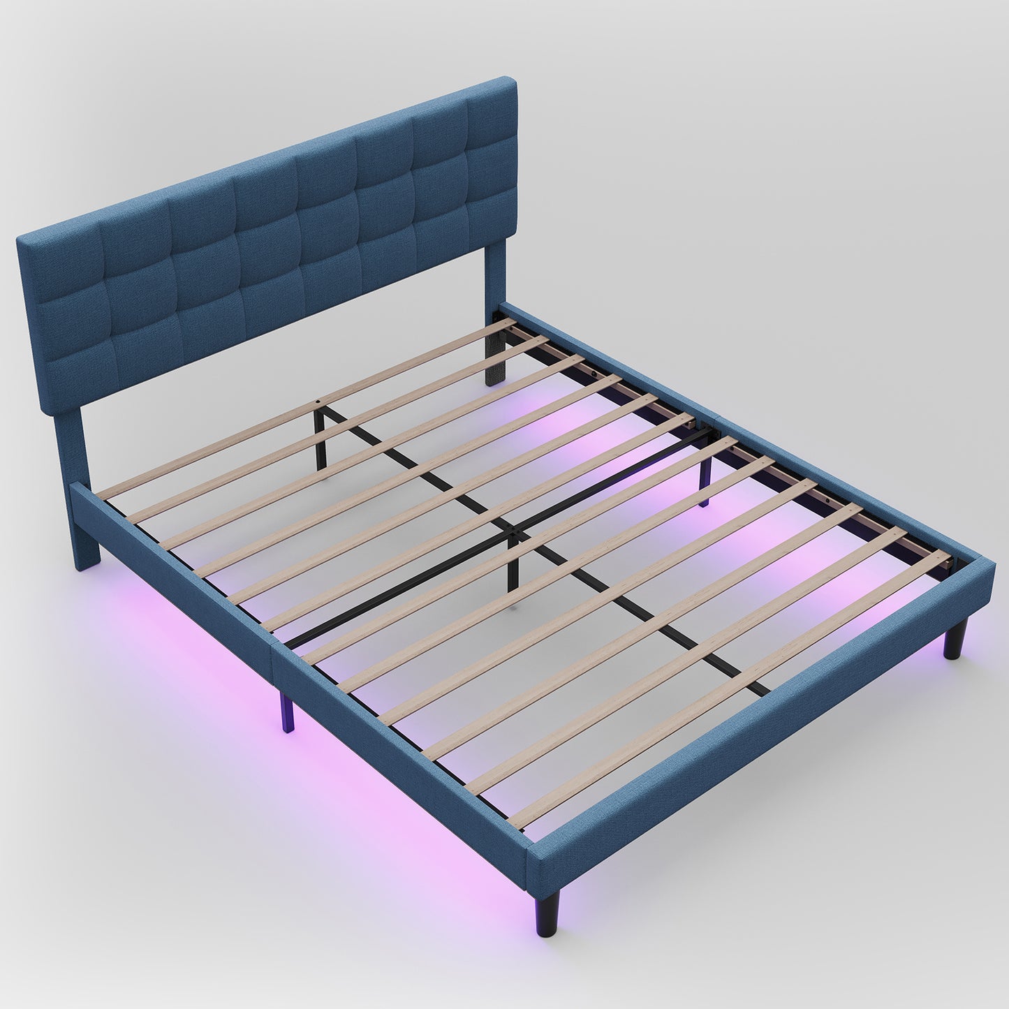 square upholstered platform bed with lights square stitched