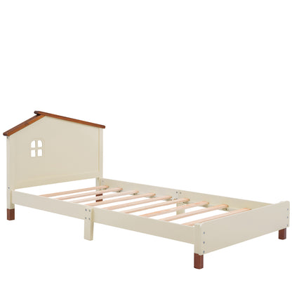 Wood Platform Bed with House-shaped Headboard (Cream+Walnut)