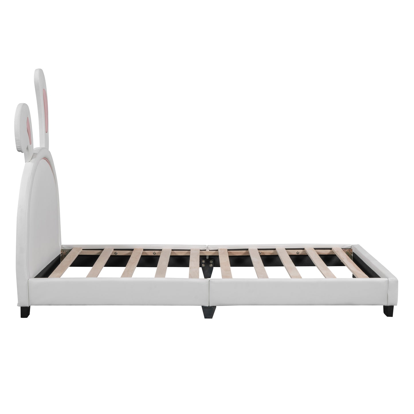 twin size upholstered leather platform bed with rabbit ornament, white