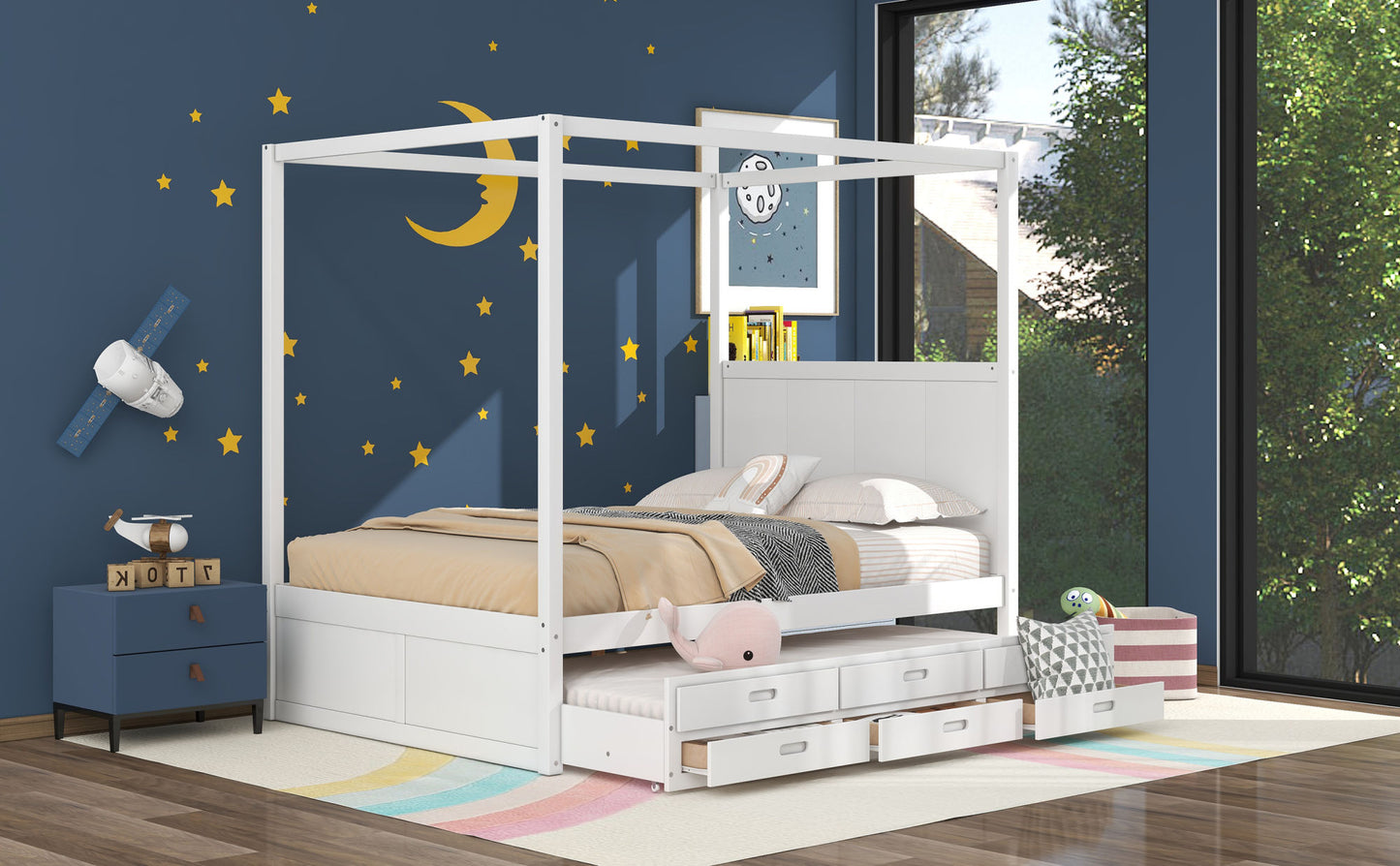 queen size canopy platform bed with twin size trundle and three storage drawers,white