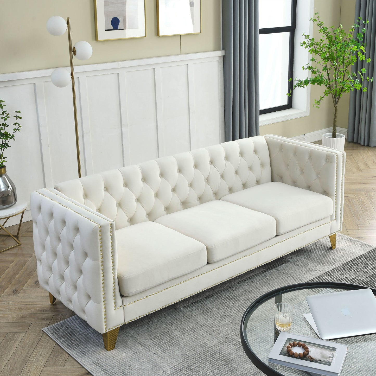 kate velvet upholstered sofa, beige velvet