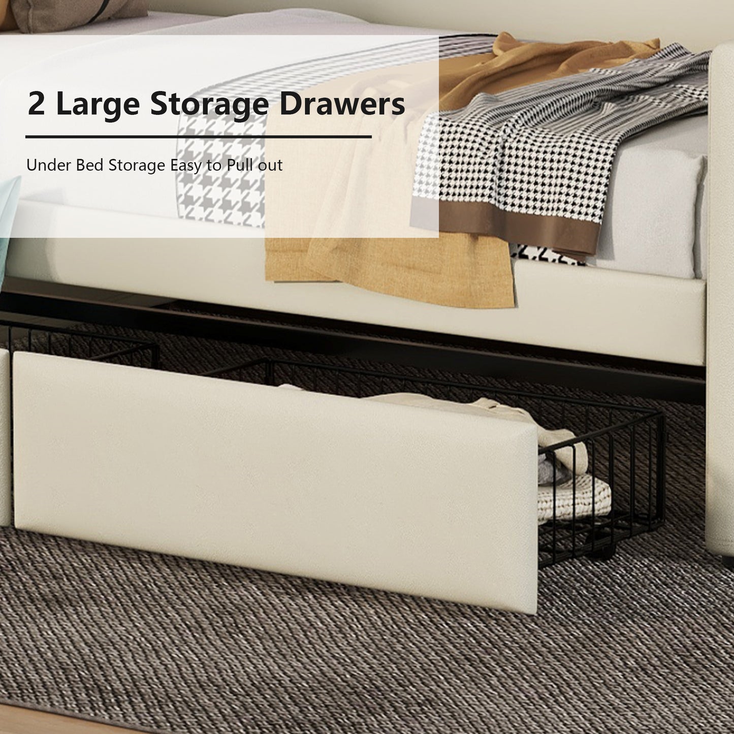 upholstered bed with charging station and led lights, beige