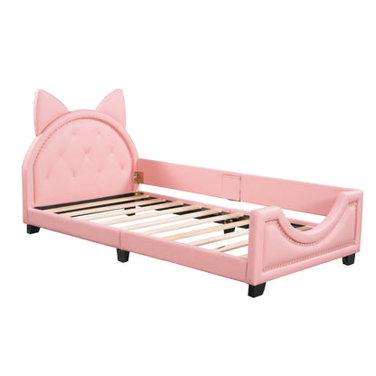 Upholstered Daybed with Carton Ears Shaped Headboard, Pink
