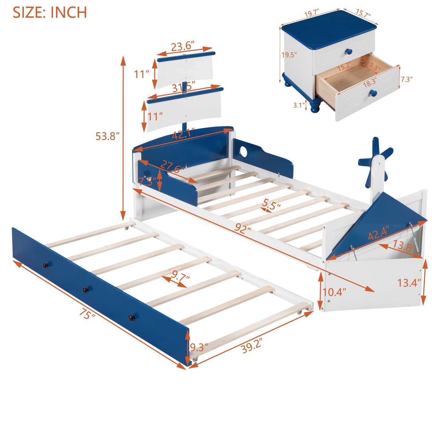 3-pieces boat-shaped platform bed with trundle and two nightstands, white+blue