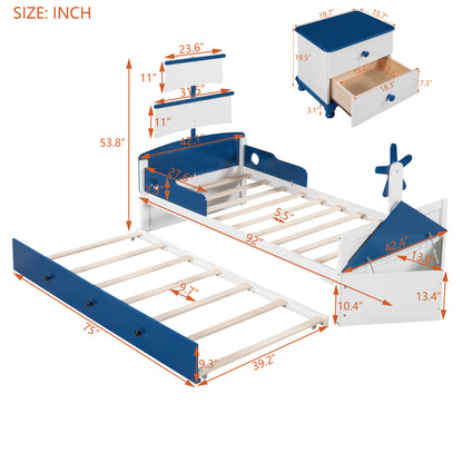 3-Pieces Boat-Shaped Platform Bed with Trundle and Two Nightstands, White+Blue