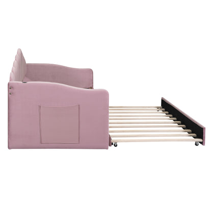 Upholstered Daybed with Trundle & USB Charging Ports, Pink