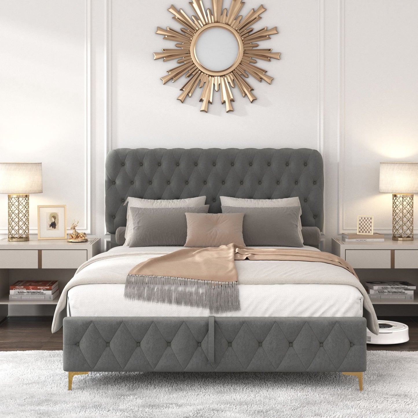 velvet upholstered bed with deep tufted buttons & pneumatic hydraulic function, grey