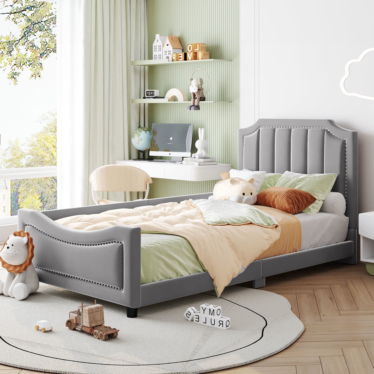 maya upholstered bed with classic stripe shaped headboard, gray