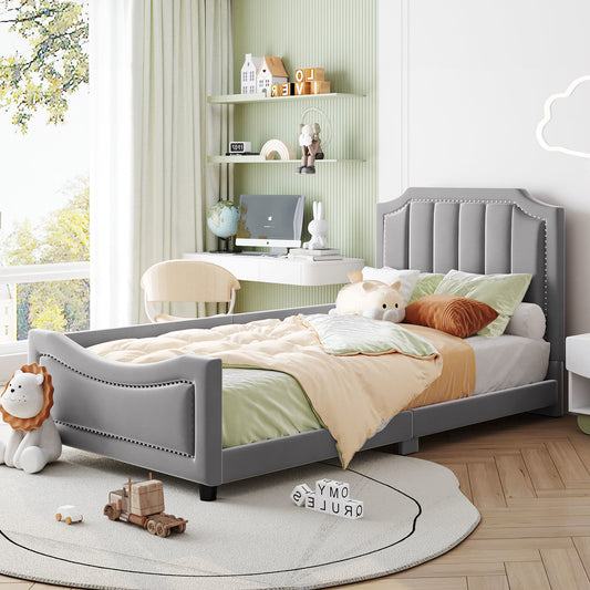 Maya Upholstered Bed with Classic Stripe Shaped Headboard, Gray