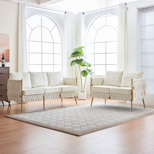 2 Pieces Velvet Sofa Couch Set, Cream White Velvet