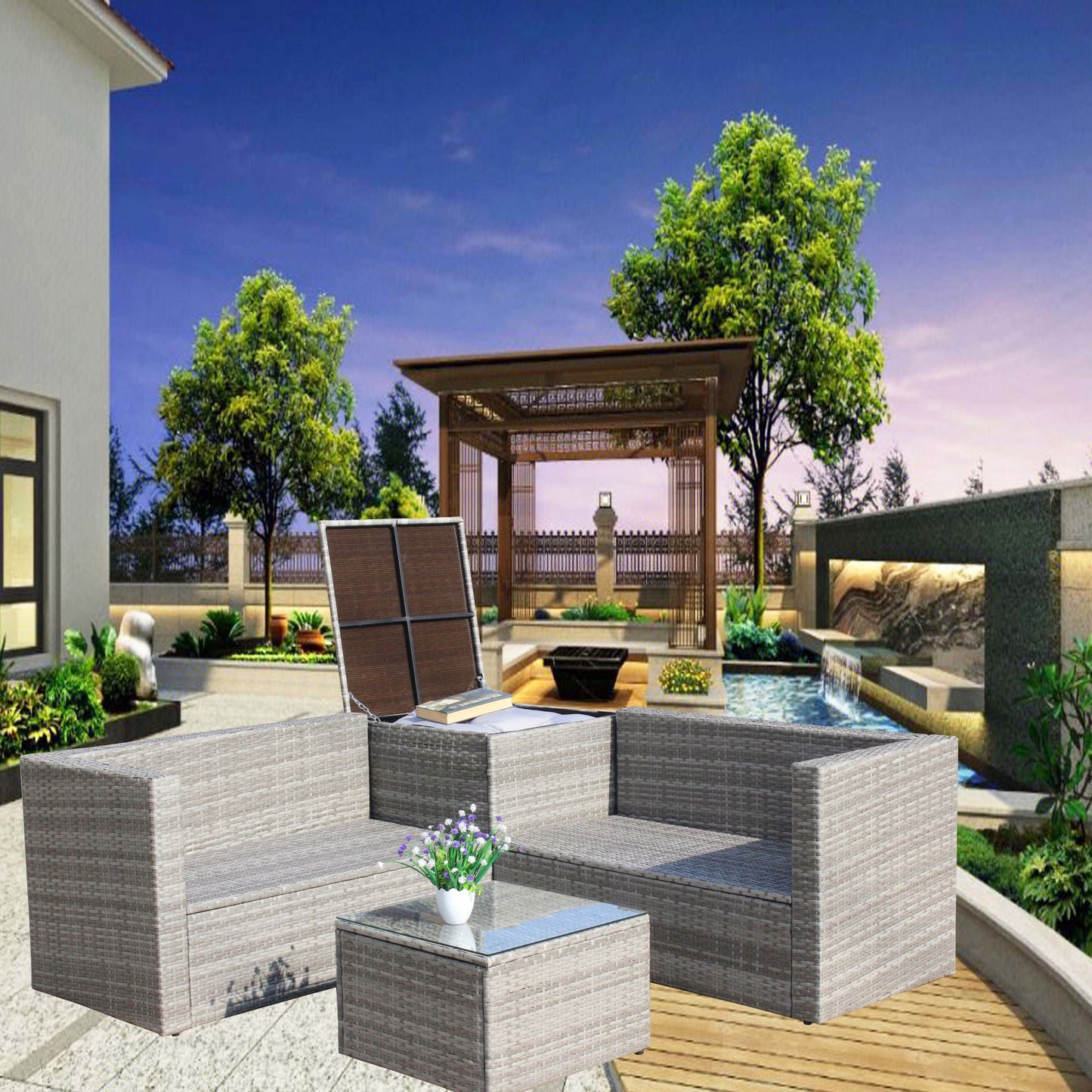 4 piece patio sectional wicker rattan outdoor furniture sofa set with storage box grey
