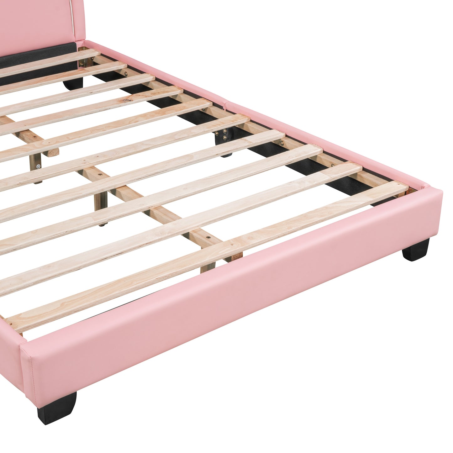 upholstered leather platform bed with rabbit ornament, pink