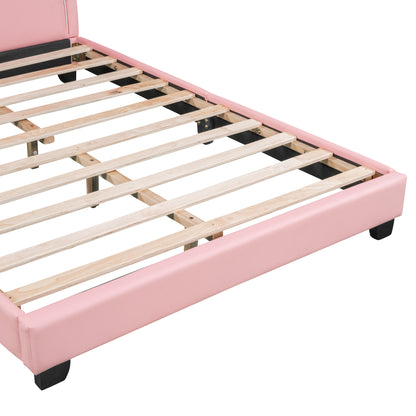 Upholstered Leather Platform Bed with Rabbit Ornament, Pink
