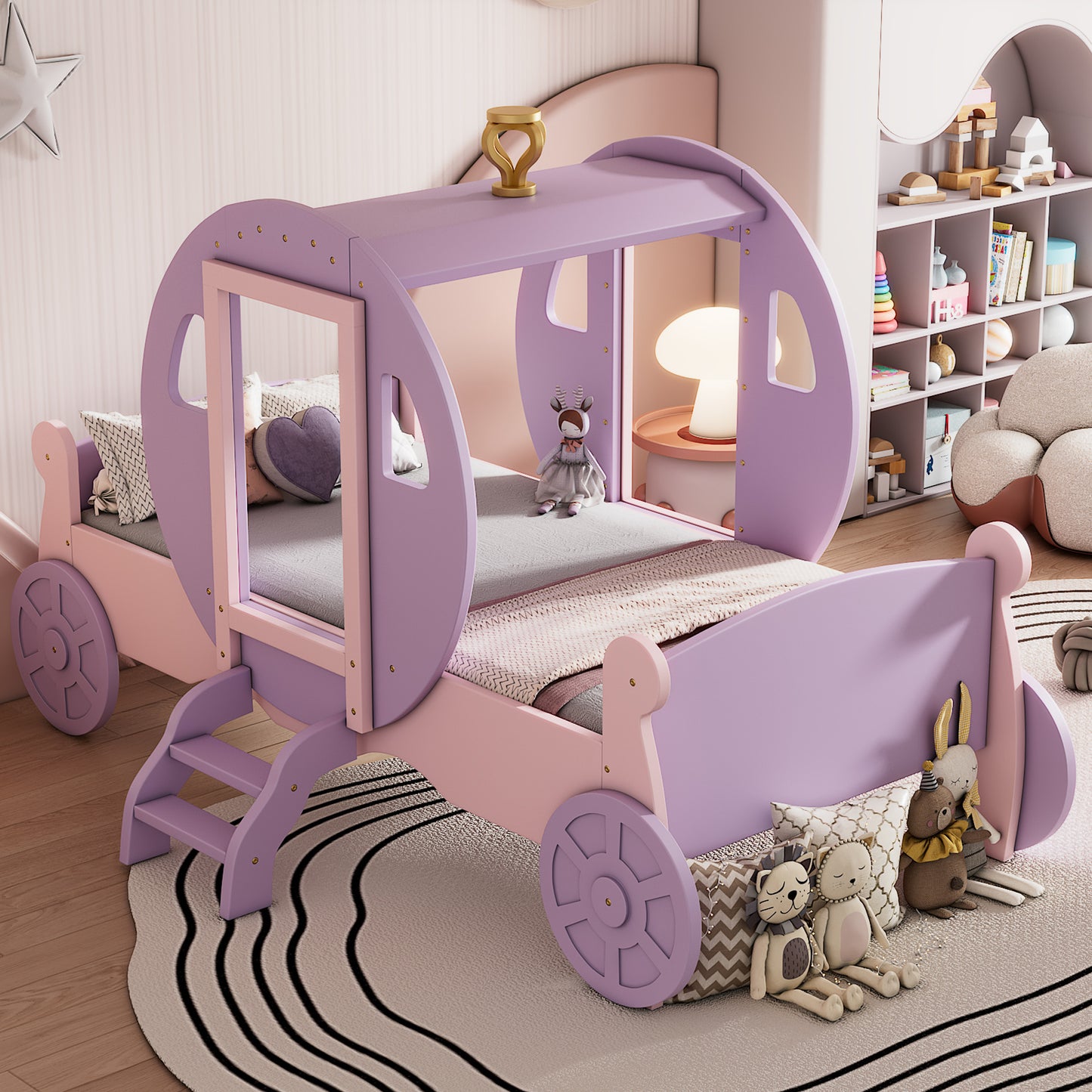 princess carriage bed with crown, purple+pink