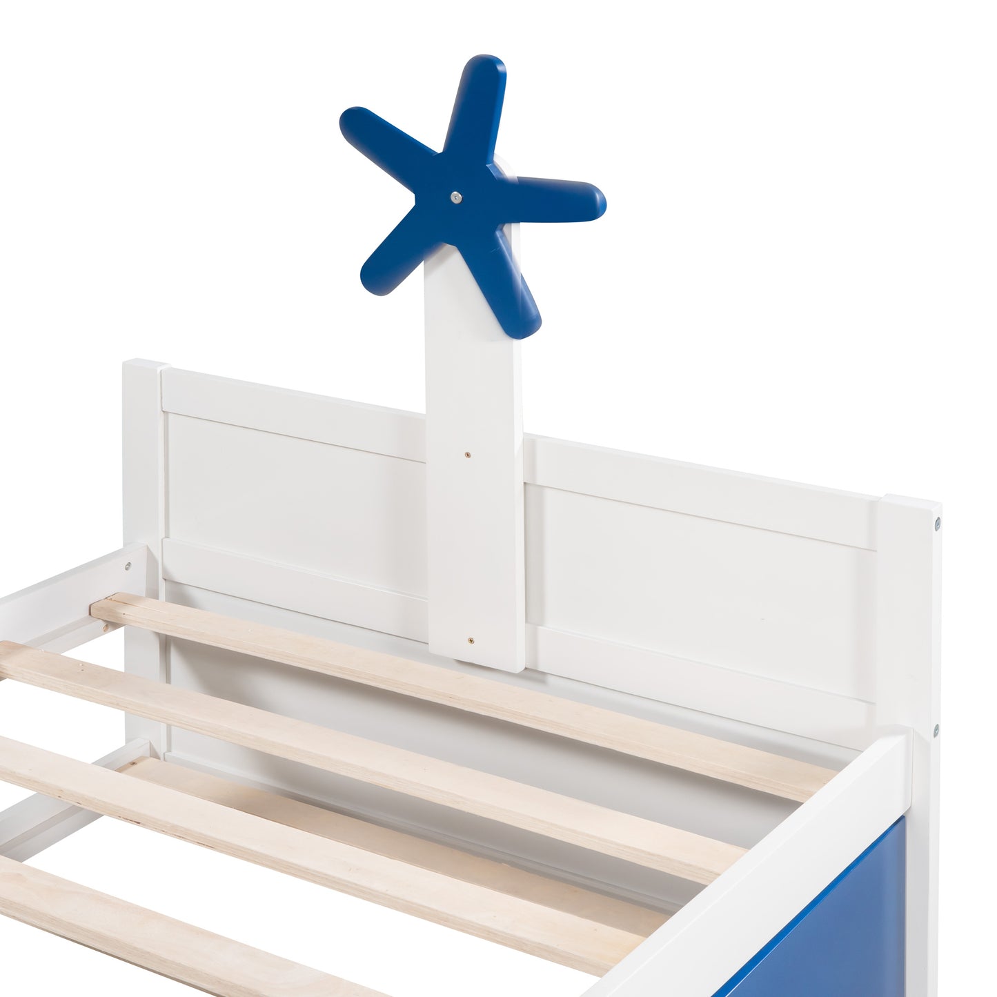 3-pieces boat-shaped platform bed with trundle and two nightstands, white+blue