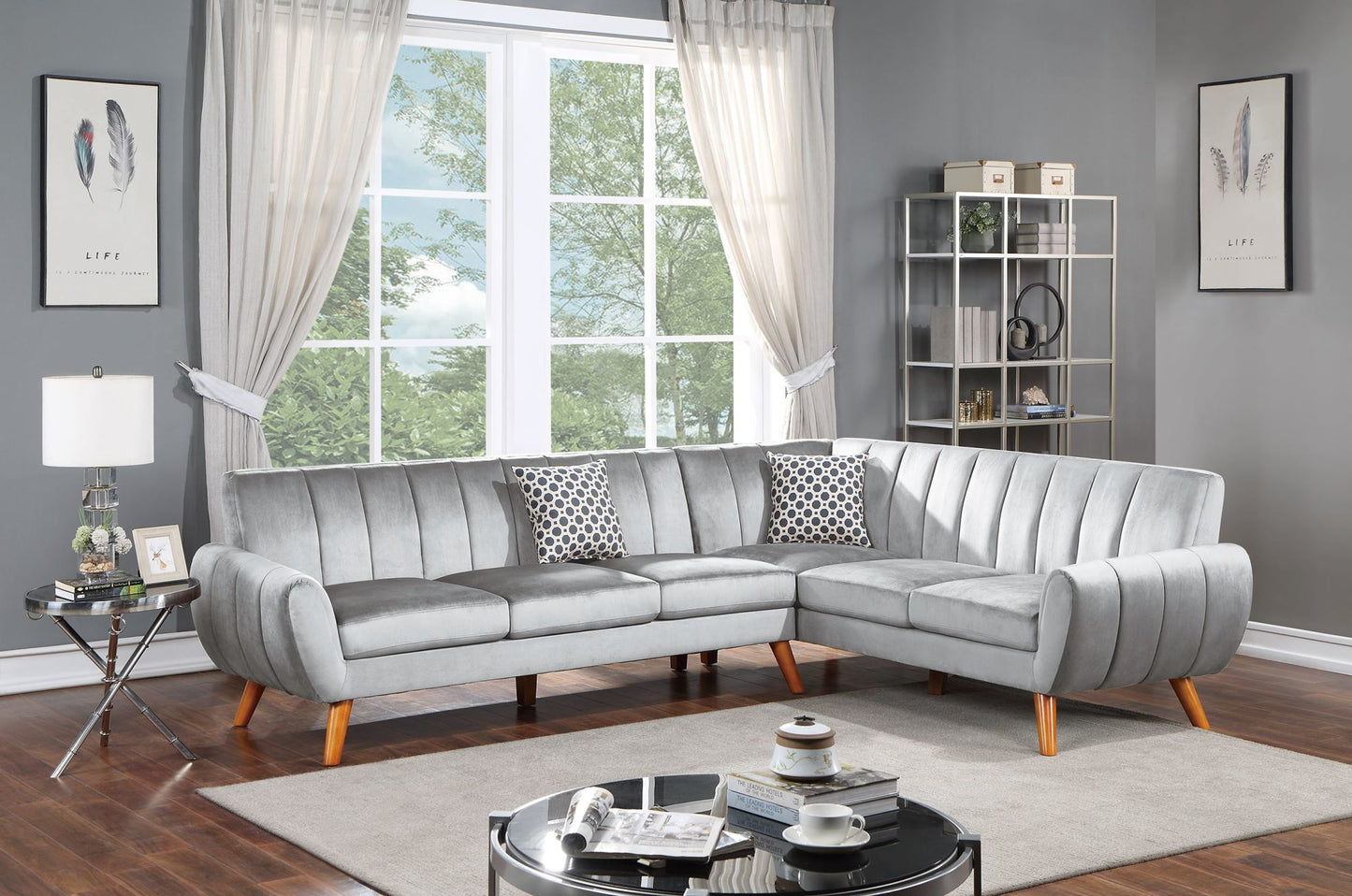 sectional - 2pc in light grey faux leather