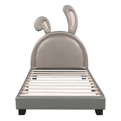 Upholstered Leather Platform Bed with Rabbit Ornament, Gray