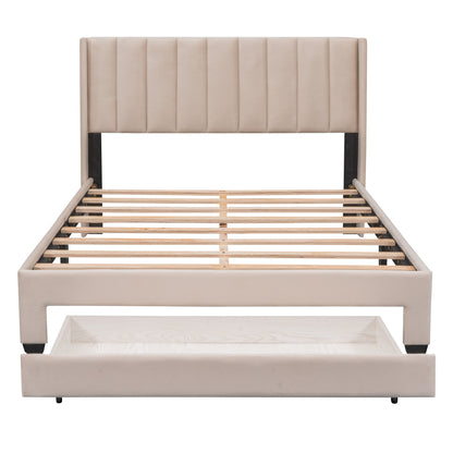Velvet Upholstered Platform Bed with a Big Drawer - Beige