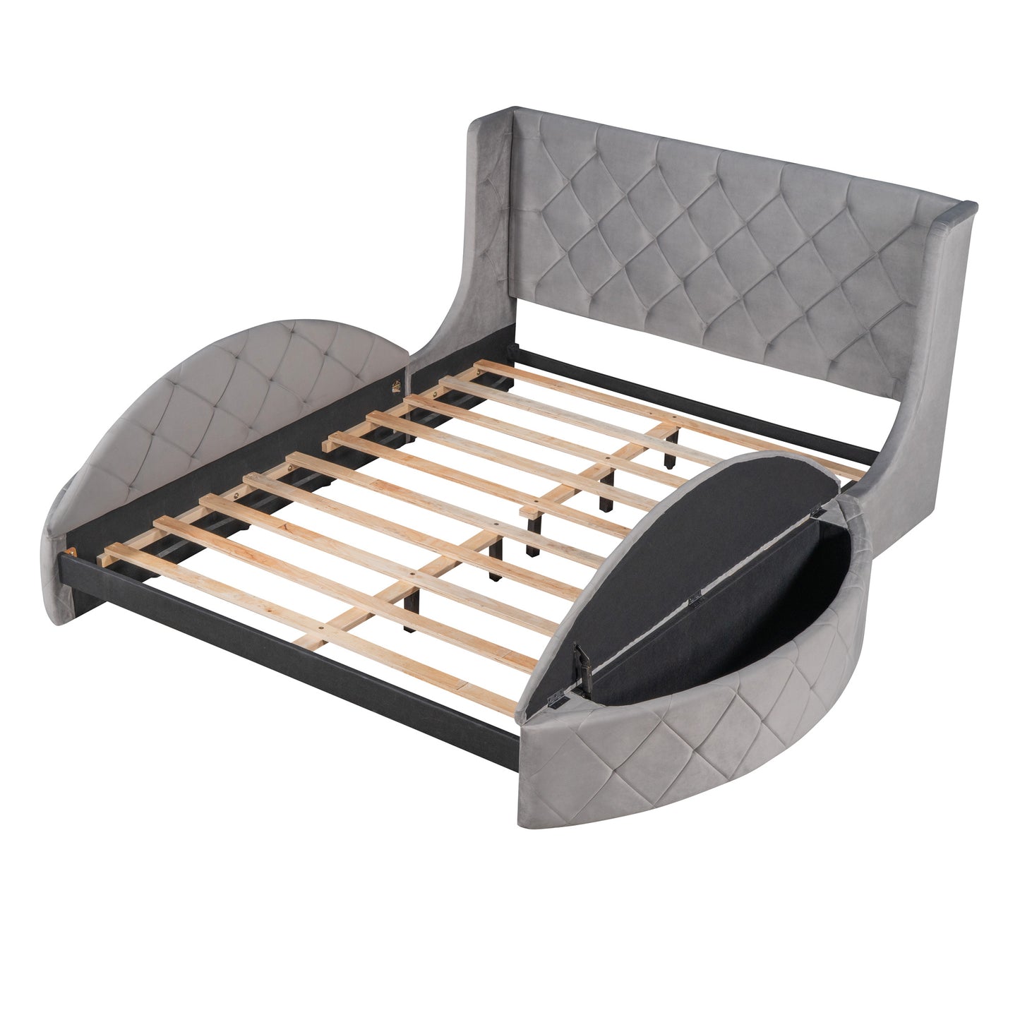 upholstered velvet platform bed with wingback headboard and 1 big drawer; 2 side storage stool