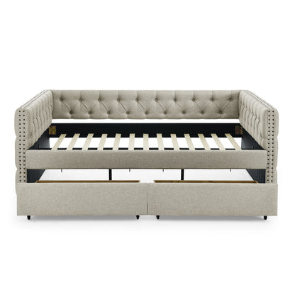Upholstered Full Size Bed with Two Drawers, Beige