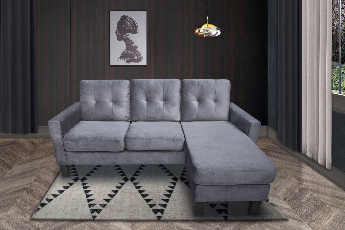 everette velvet reversible sectional sofa, grey