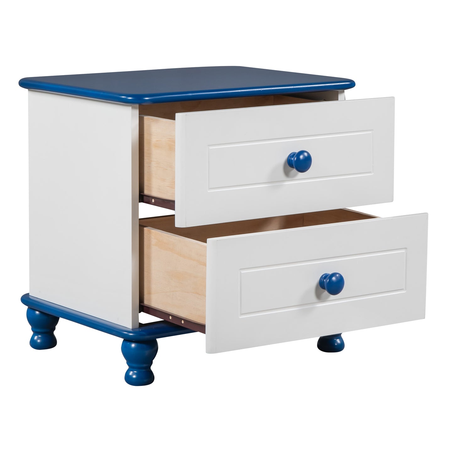 3-pieces boat-shaped platform bed with trundle and two nightstands, white+blue