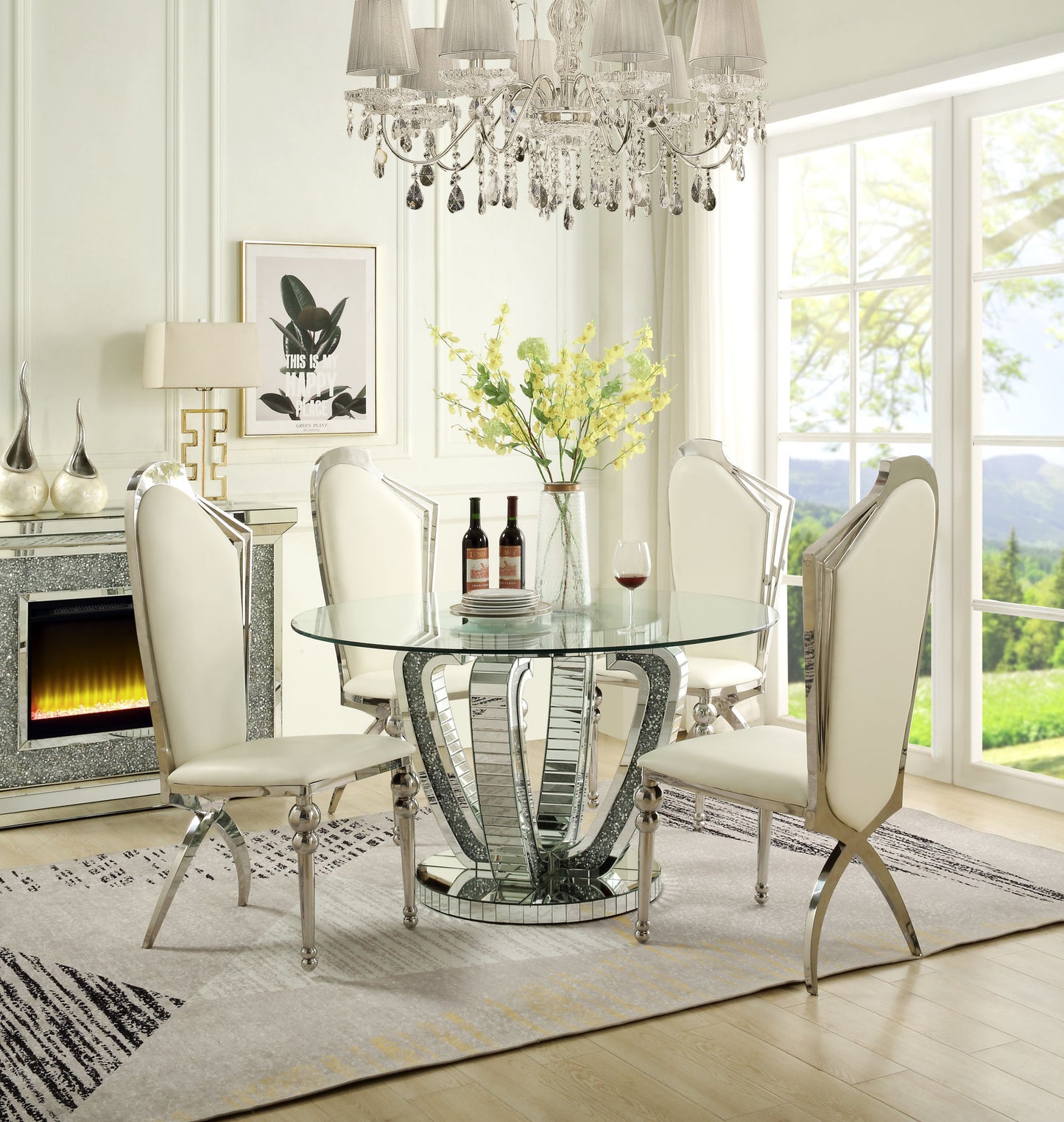acme noralie dining table mirrored & faux diamonds