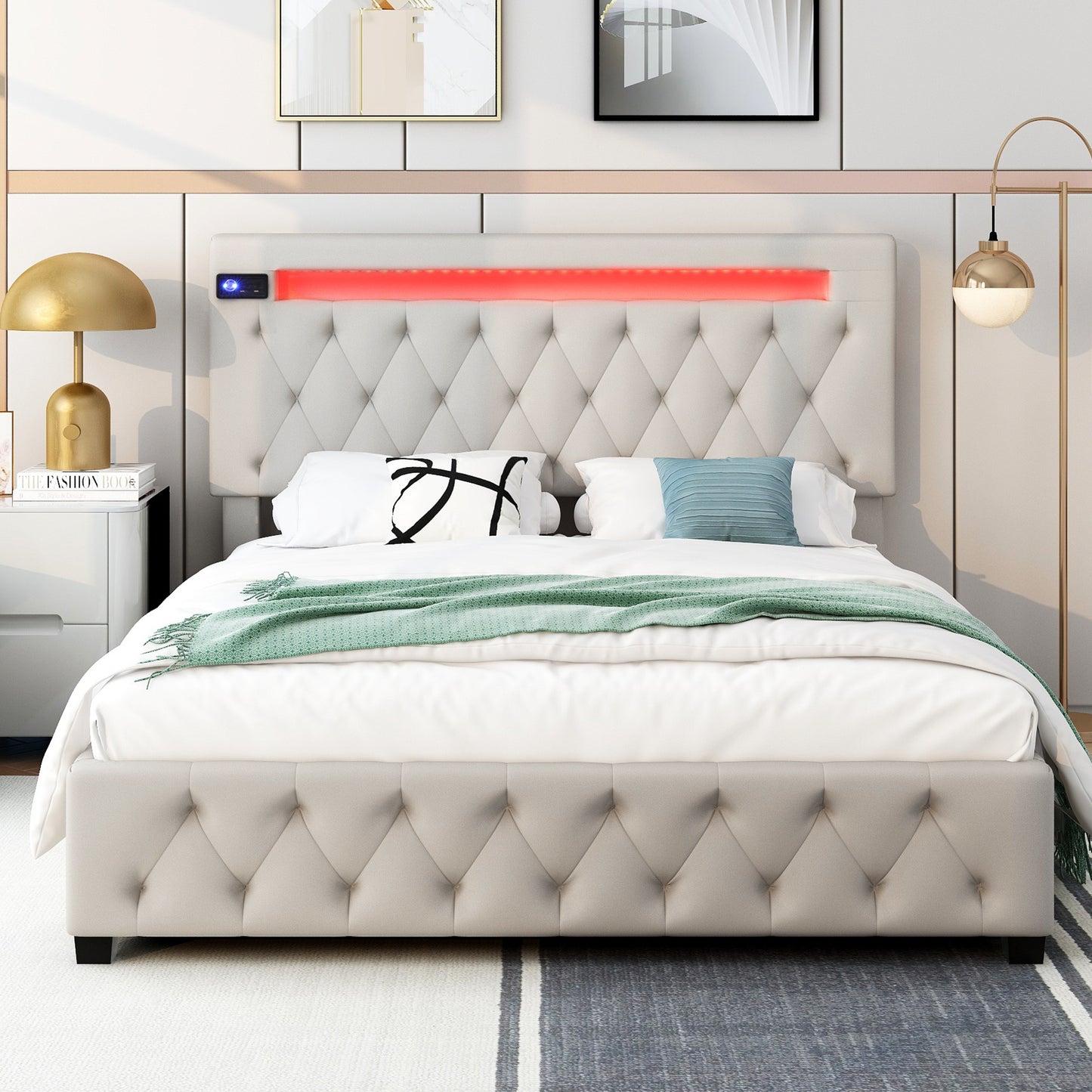 upholstered bed featured with bluetooth audio, led light and usb charging, beige